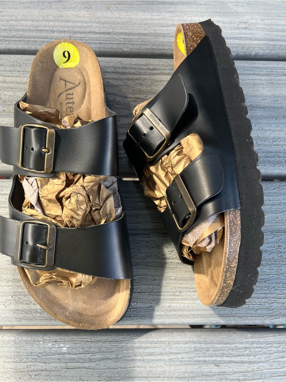 Autenti Genuine Leather Made In Spain Buckle Slide In Sandals Black 9